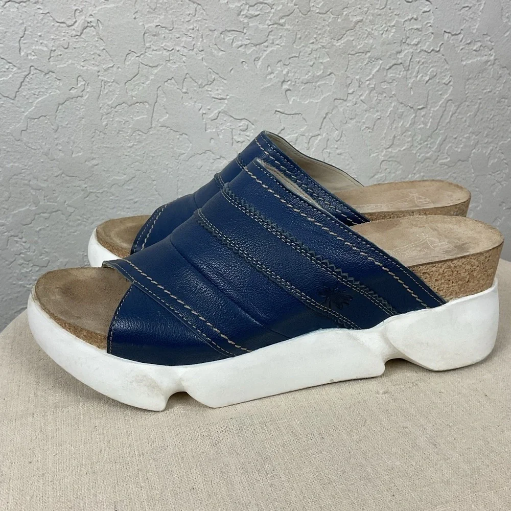 Fly London Suze Women’s Blue Leather Slip On Slide Platform Sandal Sz 41, US 10 - Picture 7 of 15